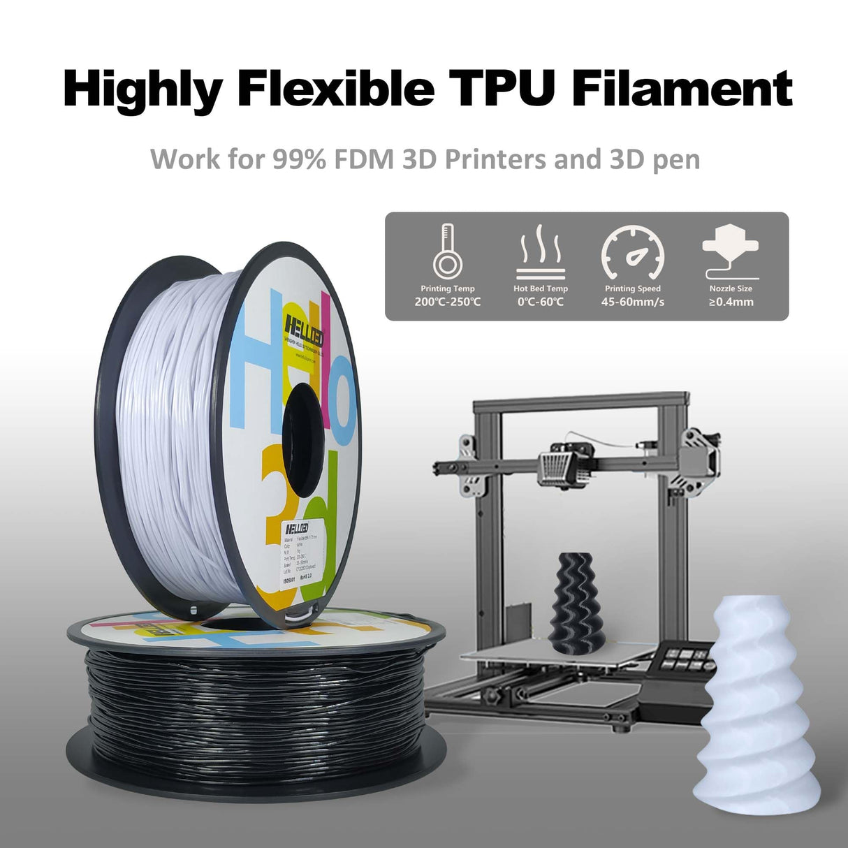 HEllO3D TPU Filament 1.75mm Flexible 3D Printer Filament,85A Soft 3D Printer Filament,TPU Elastomer 3D Filament,Vacuum Packed,Dimensional Accuracy +/- 0.05mm,1Kg Spool (1KG)(White) HELLO3D