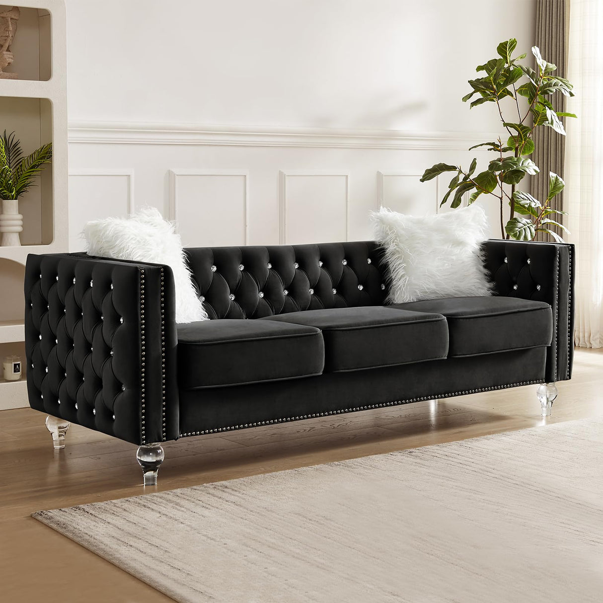 Homies Life 83" Chesterfield Sofa, Velvet Mid-Century Modern Upholstered Couch with 2 Throw Pillows and Acrylic Legs, Nailhead Button Tufted Vintage Sofa for Living Room, Apartment, Office, Black Homies Life