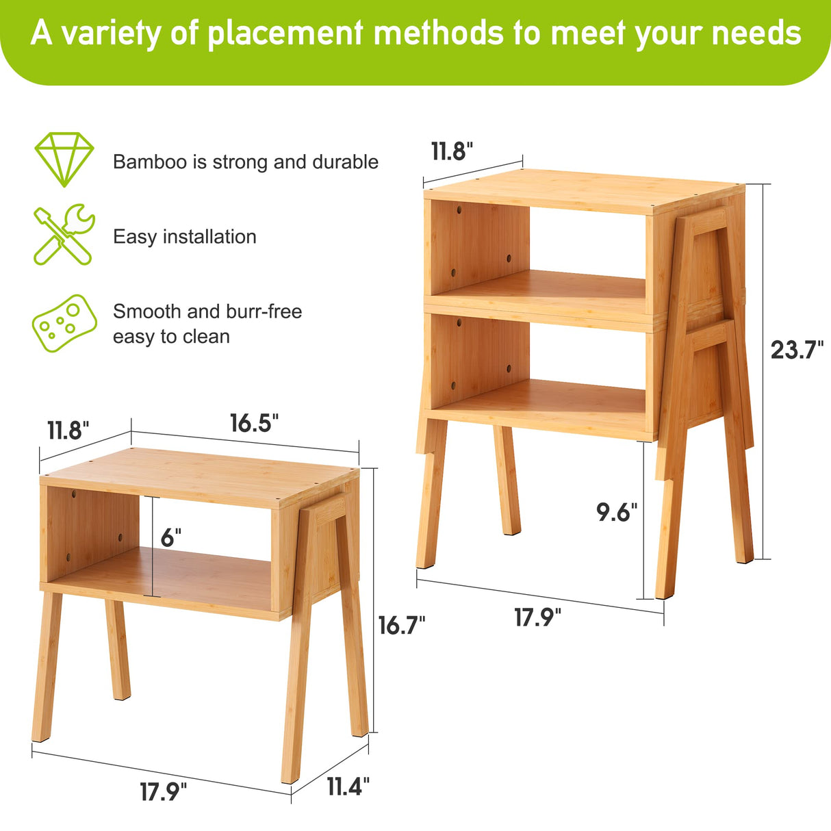 End Table Set of 2 Bamboo Nightstand Stackable Bedside Table Living Room Nightstand 2-Tier Storage Shelf Wood Sofa Table for Small Space Bed Room Living Room BMOSU