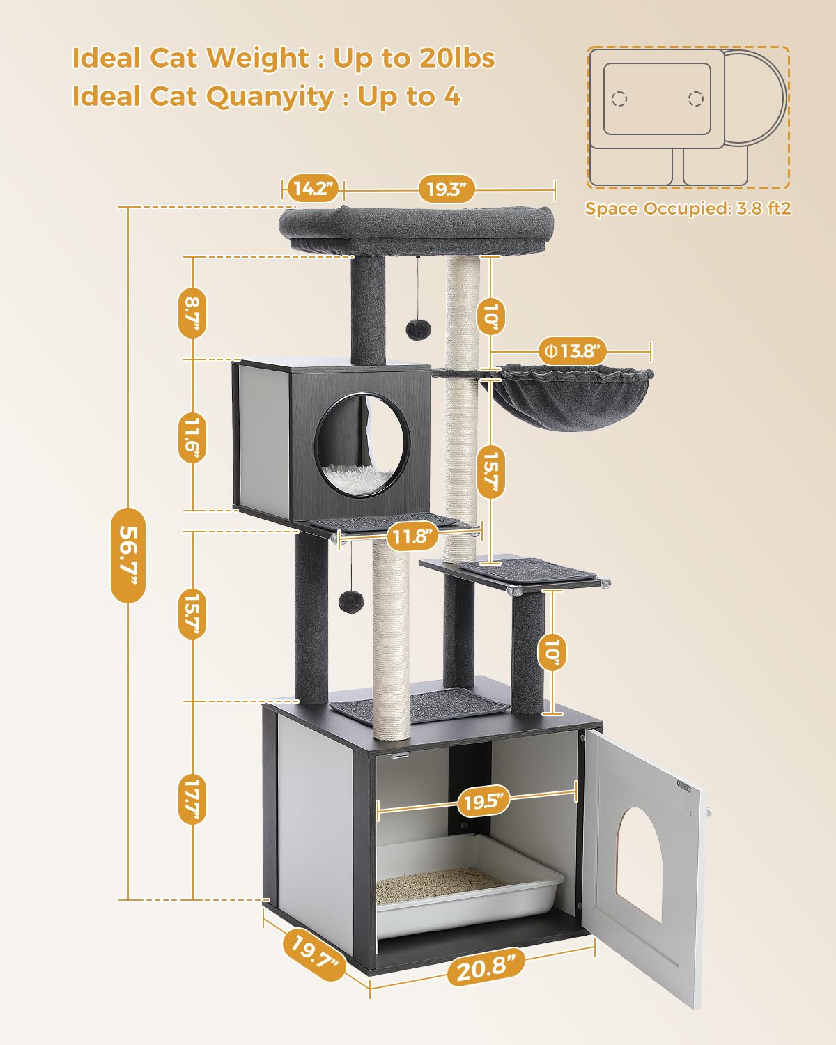 PETEPELA 56.7" Cat Tree with Litter Box Enclosure Large, Wood Cat Tower for Indoor Cats with Storage Cabinet and Cozy Cat Condo, Sisal Covered Scratching Post and Repalcable Dangling Balls, Black PETEPELA