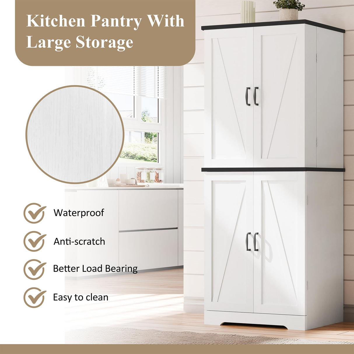 Vongrasig Kitchen Pantry Storage Cabinet with Barn Doors, Drawer and Adjustable Shelves, 6-Tier Tall Rustic Wood Cupboard Locker for Kitchen, Dining Room, Living Room, Bathroom, (White) Vongrasig