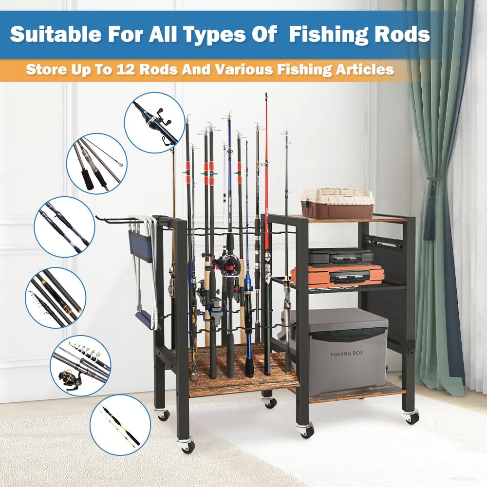 3-Tier Fishing Rod Holder, Garage Fishing Rod Rack, Fishing Rod Organizer for 12 Rods, Space Saving Fishing Pole Storage System for Garage Boat RV Basement, with Wheels Hooks and Storage Bag COLCUT