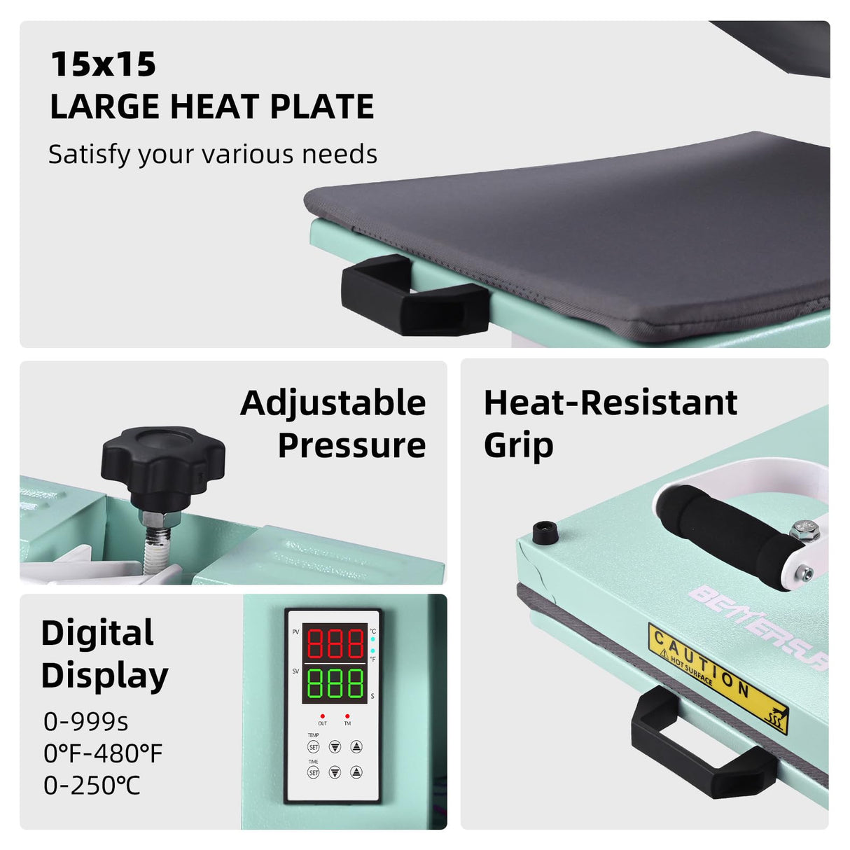 BetterSub 15‘’x15‘’ Industrial Heat Press Machine for T-Shirts, Sublimation, Transfers – Digital LCD Control, Teflon Surface, Clamshell Design, Safe & Durable (Teal) BetterSub