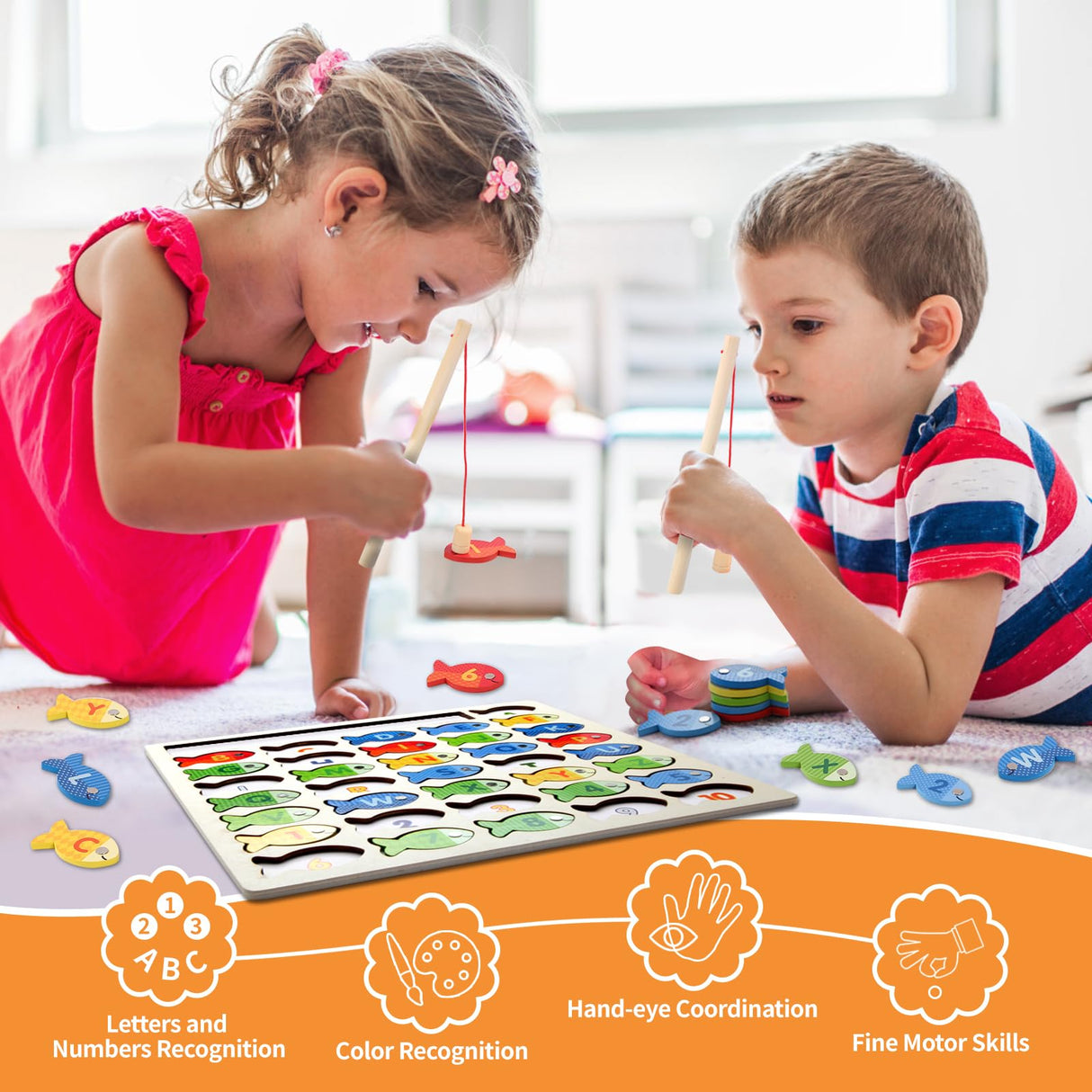 Diaodey Wooden Magnetic Fishing Game for Toddlers, Montessori Fine Motor Skills Toy with Letters and Numbers, Preschool Learning ABC and Puzzle Educational Toys Gift for 3 4 5+ Year Old Kids(2 Poles) Diaodey