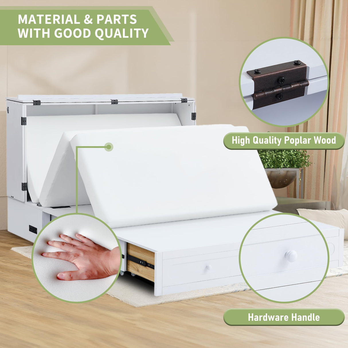 Homnso Murphy Bed Queen,Pine Wood Murphy Bed Cabinet Queen Size withTri-Folding Mattress,Storage Drawer & USB Charging Station for Living Room Apartment (White 3#) Homnso