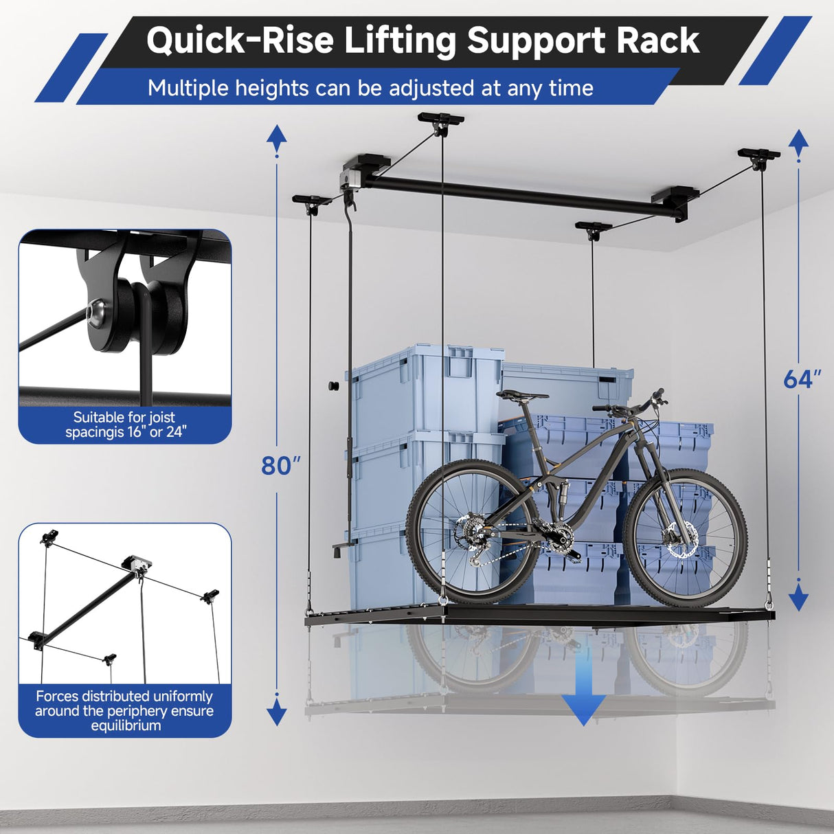 GADFISH Garage Ceiling Lift Storage Rack, Easy Lifting 85" Height Overhead Garage Storage Rack for Space Saving with Safety Lock, Suitable for 16"/24" Ceiling, 350LBS Capacity GADFISH