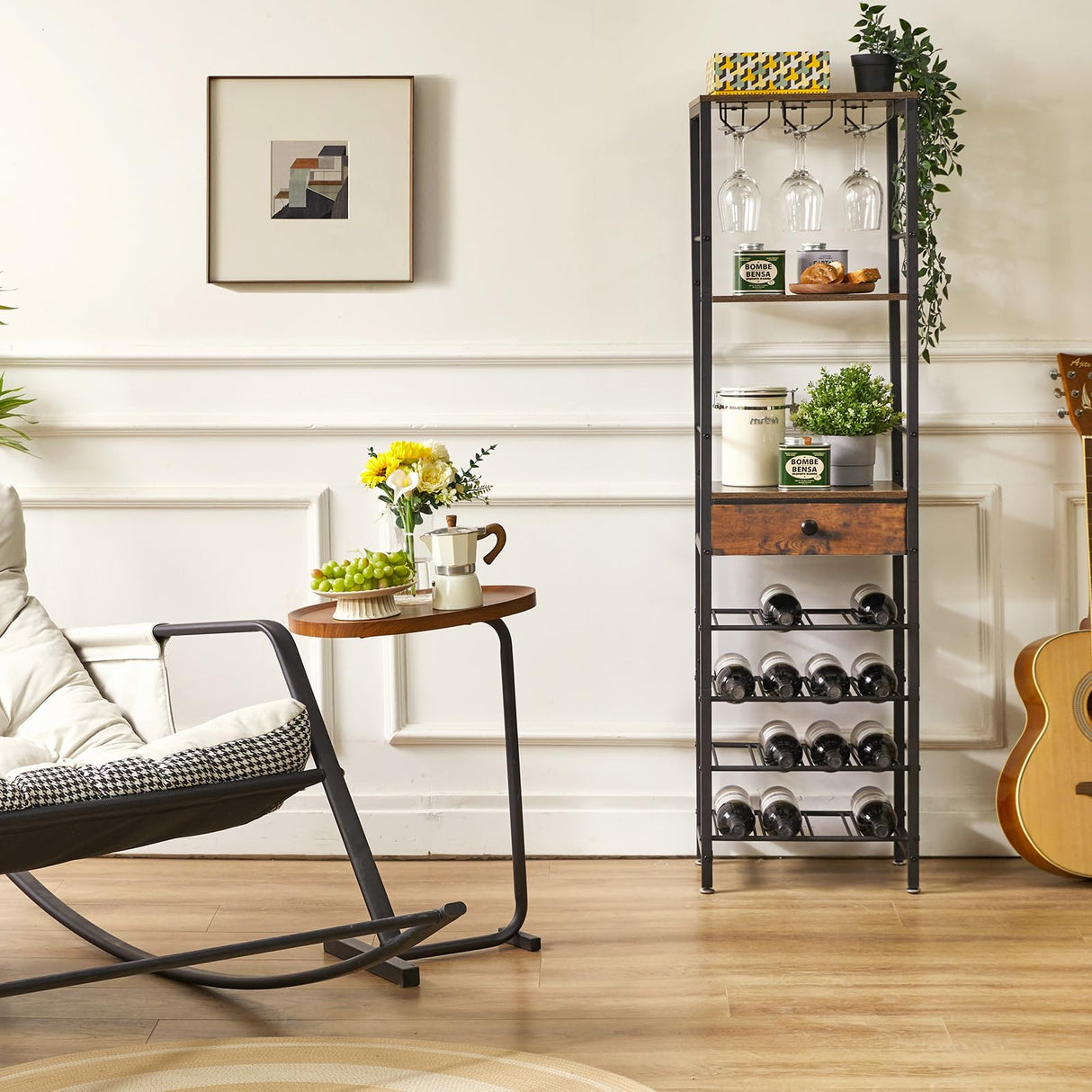 IBUYKE Wine Rack Freestanding Floor, Bar Cabinet for Liquor and Glasses,4-Tier Wood Coffee Bar Cabinet,Glass Holder and Storage Drawer for Home Bar Kitchen Living Room,Rustic Brown UTMJ905H IBUYKE