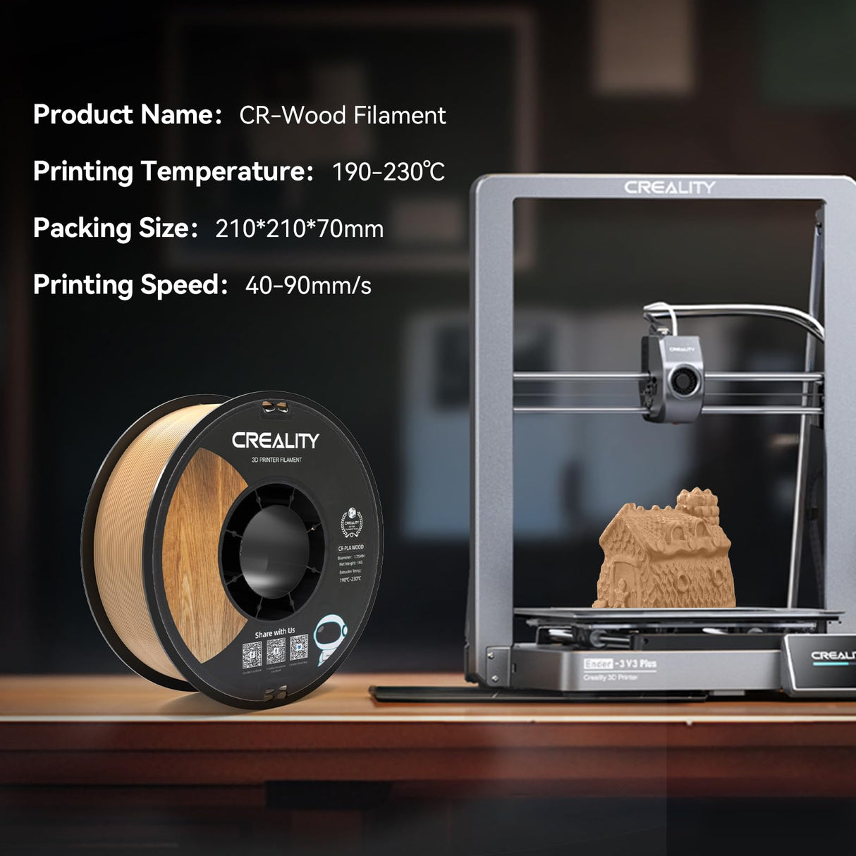 Creality Wood PLA Filament, 3D Printing PLA Filament 1.75mm, Dimensional Accuracy +/- 0.03mm, Warp-Free and Clog-Free, 1KG Spool (2.2 lbs), Fit for 99% 3D Printers Creality