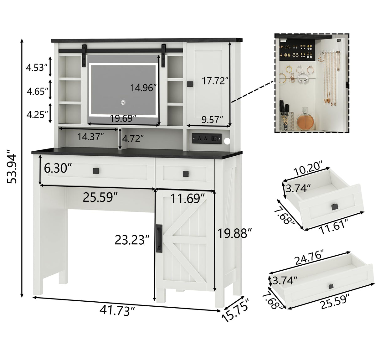 Gyfimoie Farmhouse Makeup Vanity Desk with Sliding Mirror and Lights, 42" White Vanity Set with Charging Station & 2 Drawers & 2 Cabinets, Dressing Table for Bedroom (White) Gyfimoie