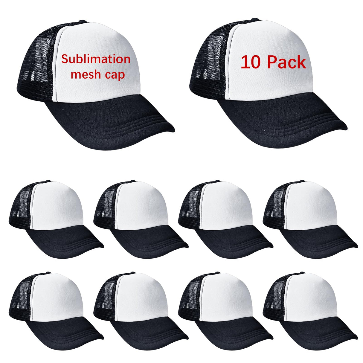 ORJ 10 Pack Unisex Sublimation Blank Mesh Baseball Cap Polyester Mesh Black and White Trucker Hat Bulk (US, Alpha, Medium, 3X-Large, Black and White) ORJ