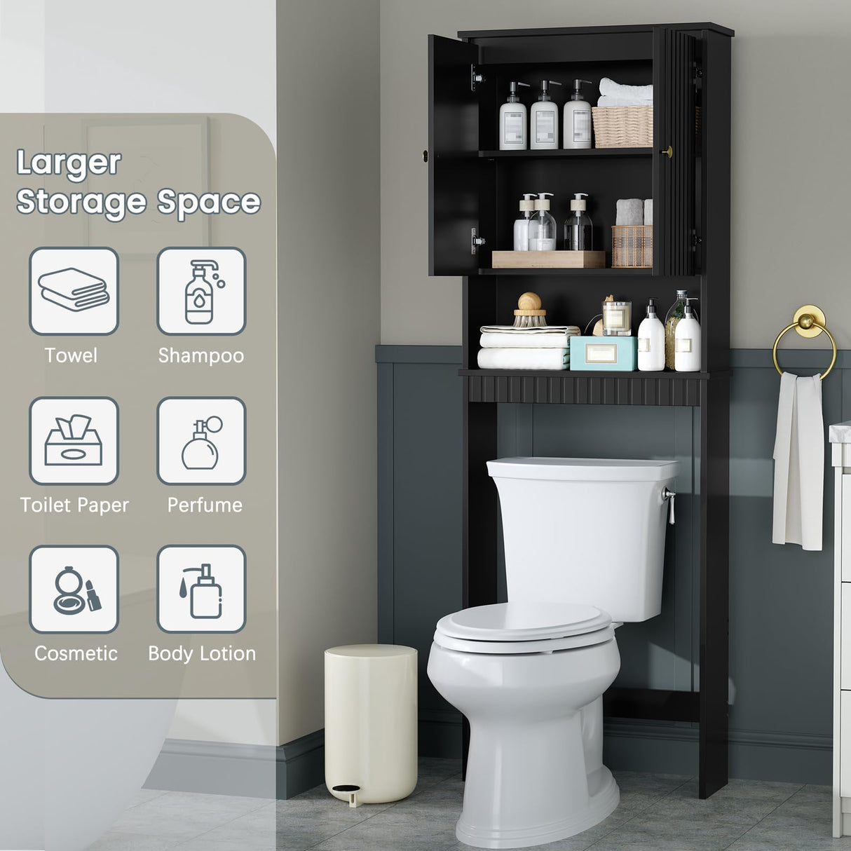 Baztin Over The Toilet Storage Cabinet, Over The Toilet Storage with Fluted Door Over The Toilet Cabinet with Adjustable Shelf Above The Toilet Storage Cabinet for Bathroom Organizer, Black Baztin