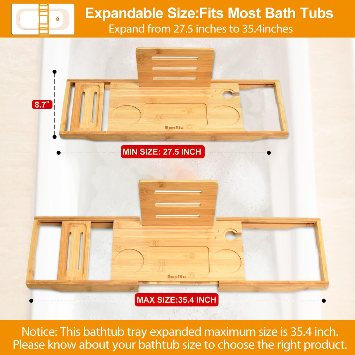Luxury Bathtub Caddy Tray - Bath Tray Expandable - Bath Tub Tray Table for Bathtub - Bath Caddy Tray for Bathtub, Ajustable Size, Fits Most Tubs Banlilu