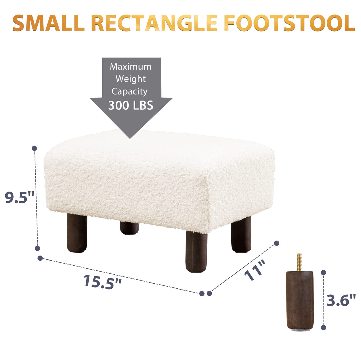 Small Beige Fur Padded Foot Stool, Storage Ottoman Foot Rest with Wooden Legs, 9.5Inch, Modern Rectangle Chair Foot Rest Foot Step Stool for Living Room, Couch, Desk LUE BONA