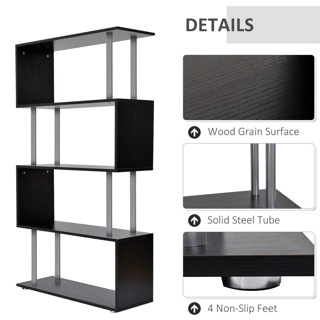 HOMCOM Modern S-Shaped 5 Tier Room Dividing Bookcase Wooden Storage Display Stand Shelf - Black HOMCOM