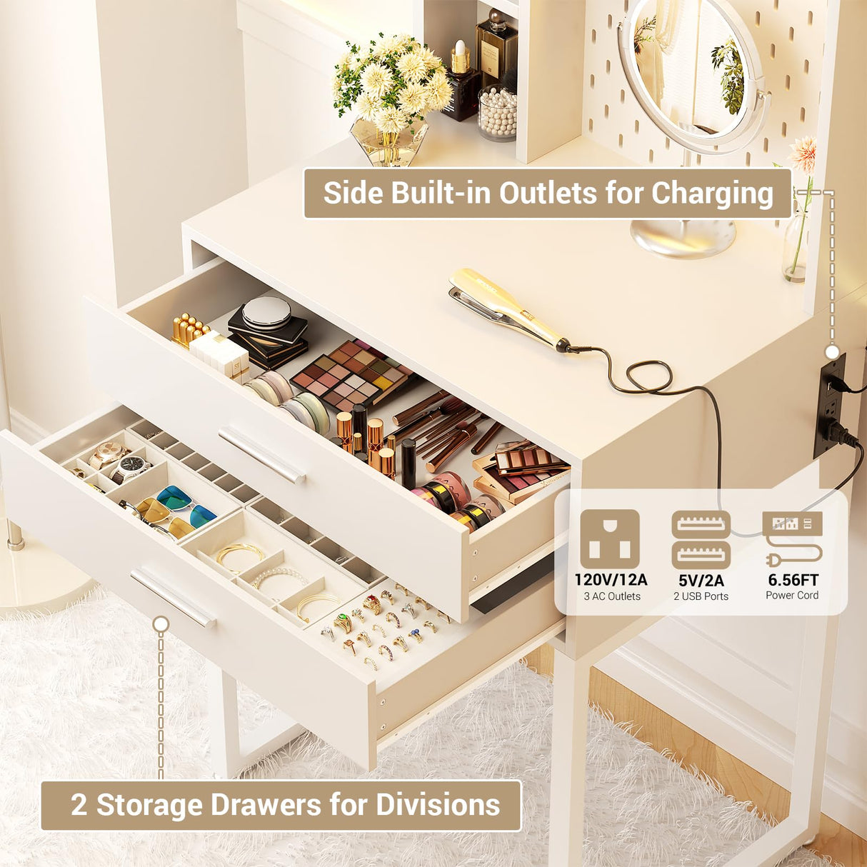 Besiost Small Vanity Desk with Hutch and Drawers, White Makeup Vanity Desk with Charging Station, Vanity Table Dressing Table with LED Lights, Vanity Desk No Mirror with Pegboard for Girls Women, 24" Besiost