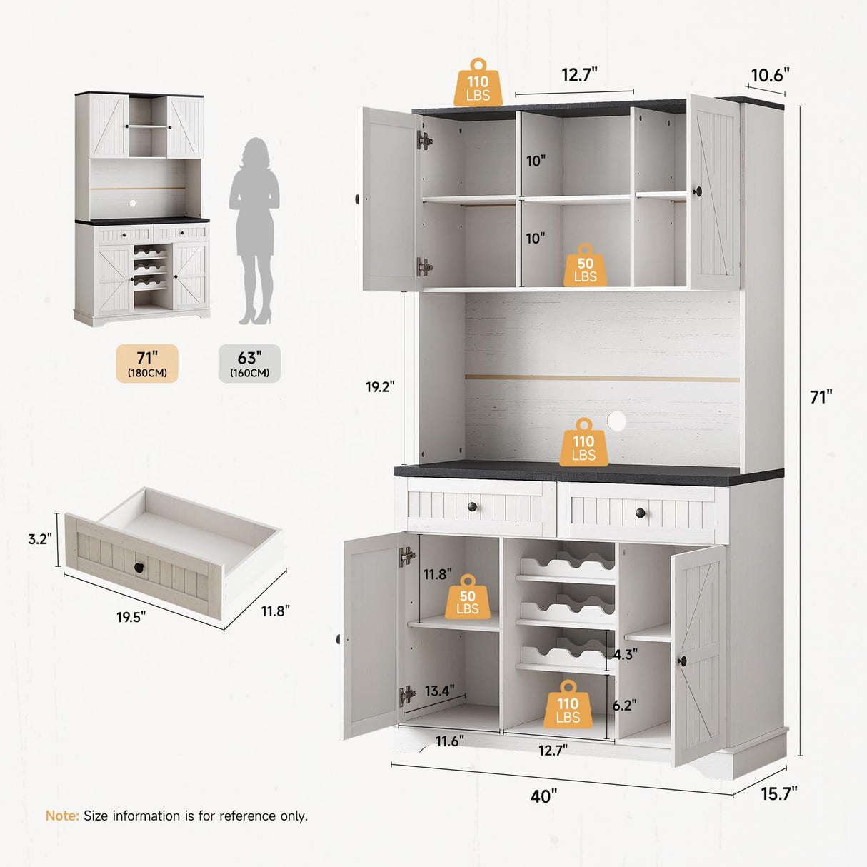ONBRILL 71" Kitchen Pantry Cabinet with 2 Drawers & 3 Wine Racks, Farmhouse Storage Cabinet with Adjustable Shelves, Kitchen Hutch Cabinet with Microwave Stand for Dining Room, Living Room, Off White ONBRILL