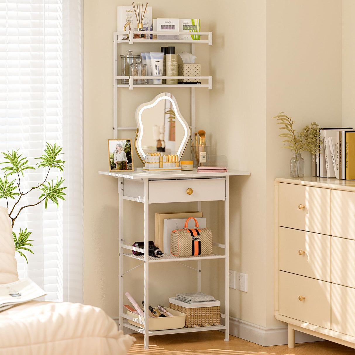 3IngSeagulls Small Vanity Desk Without Mirror, Makeup Vanity Table for Small Space, Compact White Dressing Table with Fabric Drawers, Makeup Vanity with Storage for Bedroom, White, 23.6in(W) 3IngSeagulls