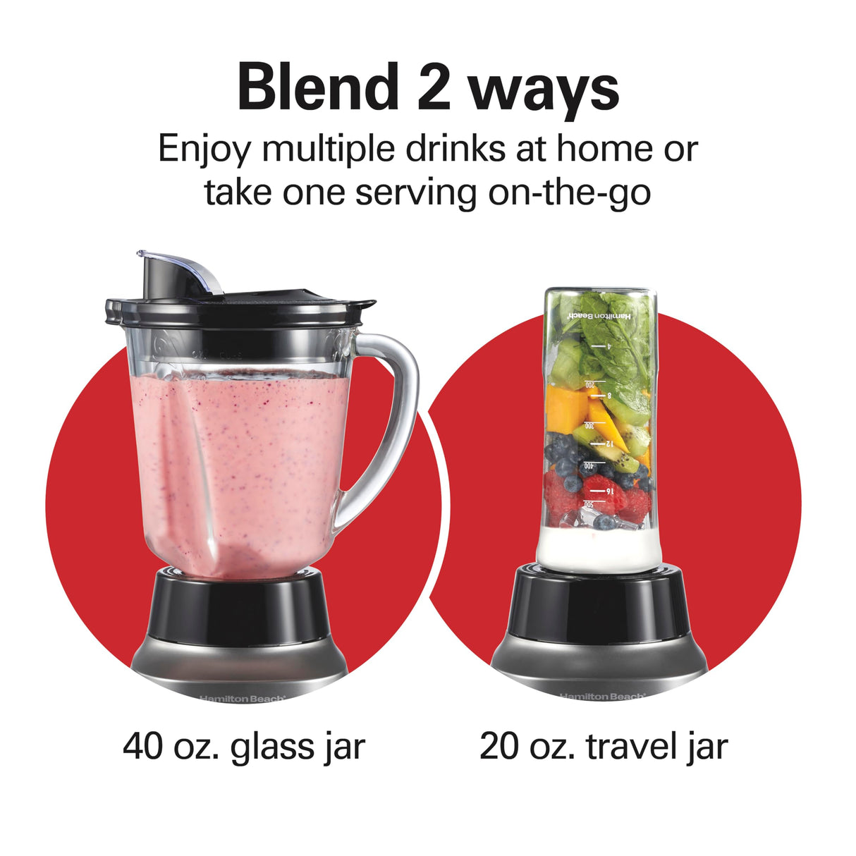 Hamilton Beach Wave Action Blender for Shakes and Smoothies, Stainless Steel Ice Sabre Blades, 40oz Glass Jar, 20oz Blend-In Portable Travel Jar, 800 Watts, Quiet Design, Gray (58181) Hamilton Beach