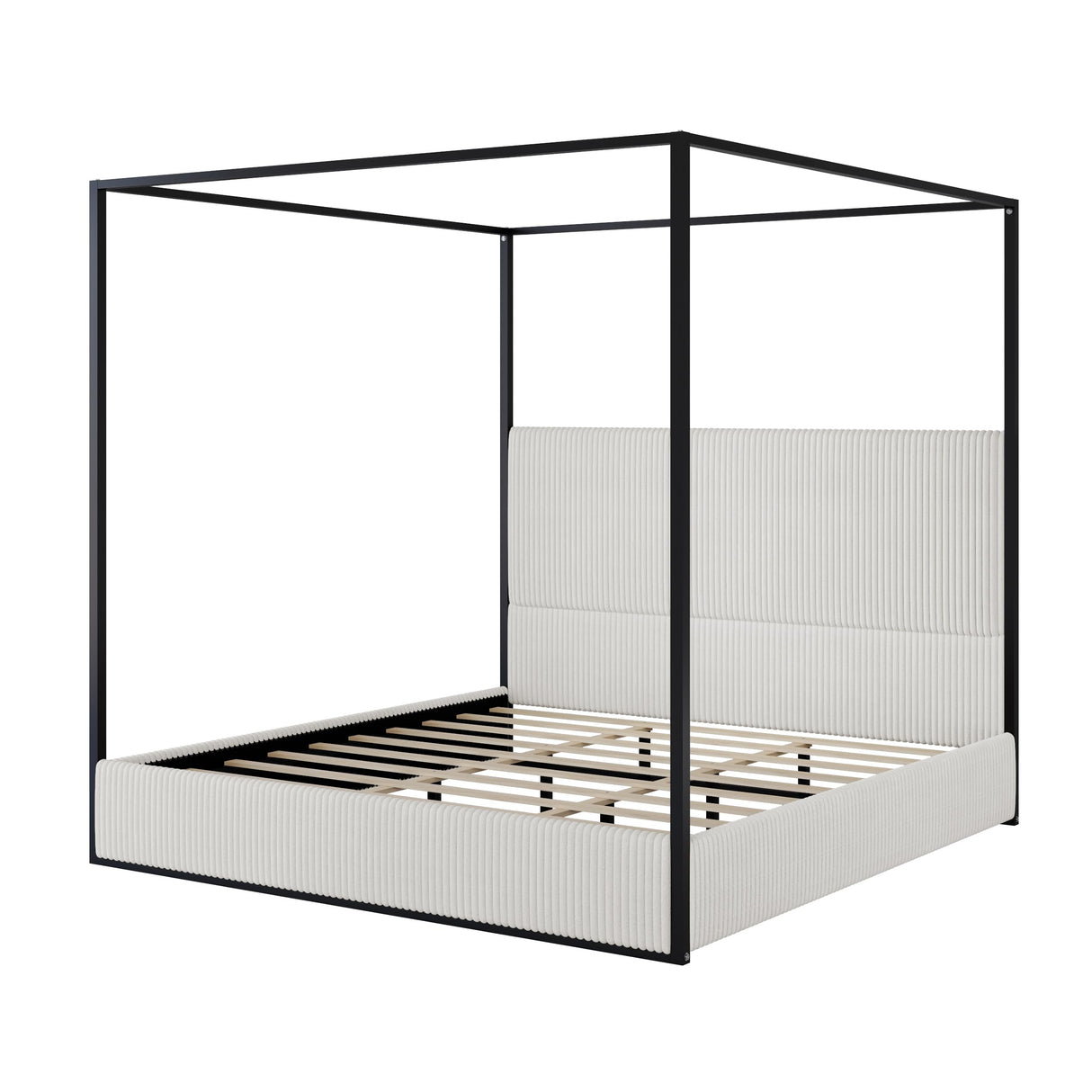RUNNA King Size Modern Metal Canopy Bed Frame with Tall Velvet Upholstered Headboard and Four Poster,No Box Spring Needed (White,Black3) RUNNA