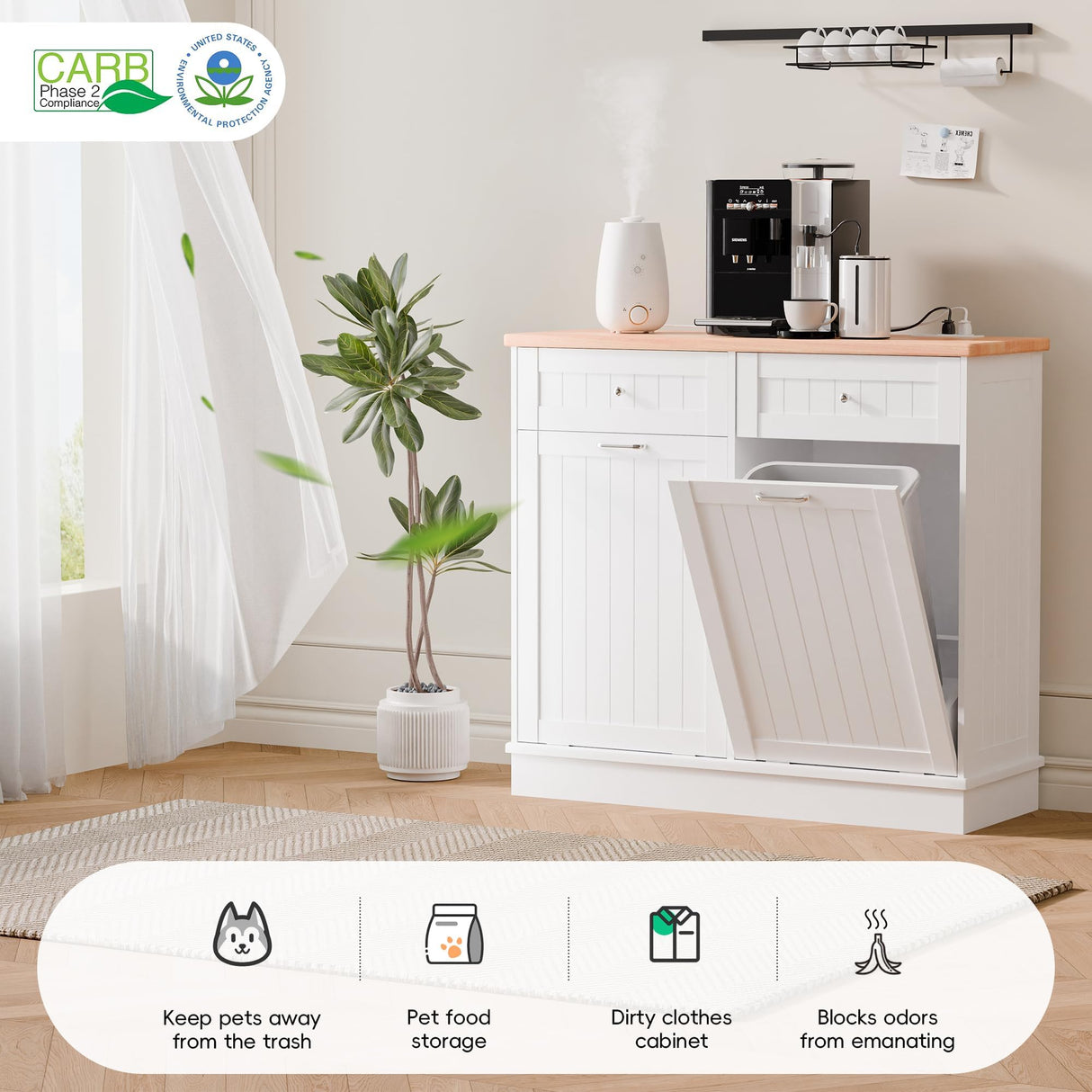 Betterhood Double Tilt Out Trash Cabinet with Power Outlet, 10 Gallon Trash Cabinet with Storage,Pet Proof Trash Can with 2 AC & USB Sockets for Kitchen,Living Room (White) Betterhood