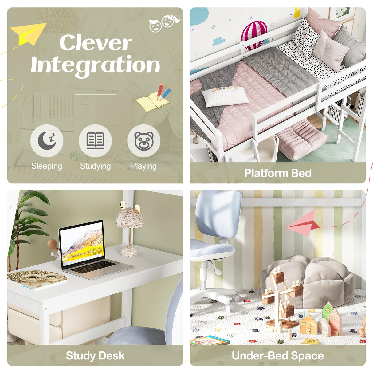 KOMFOTT Solid Wood Twin Loft Bed with Integrated Study Desk and Dual Ladders - Space-Saving Design for Teens and Adults (White) KOMFOTT