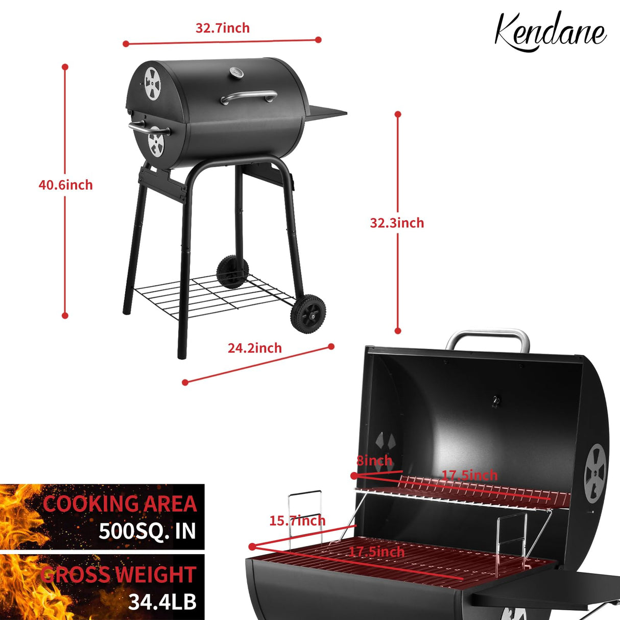 Kendane Barrel Charcoal Grill, Large Charcoal Grills with Side Shelf, Outdoor BBQ Grill,Perfect for Backyard Camping, Patio Parties, and Picnics Kendane