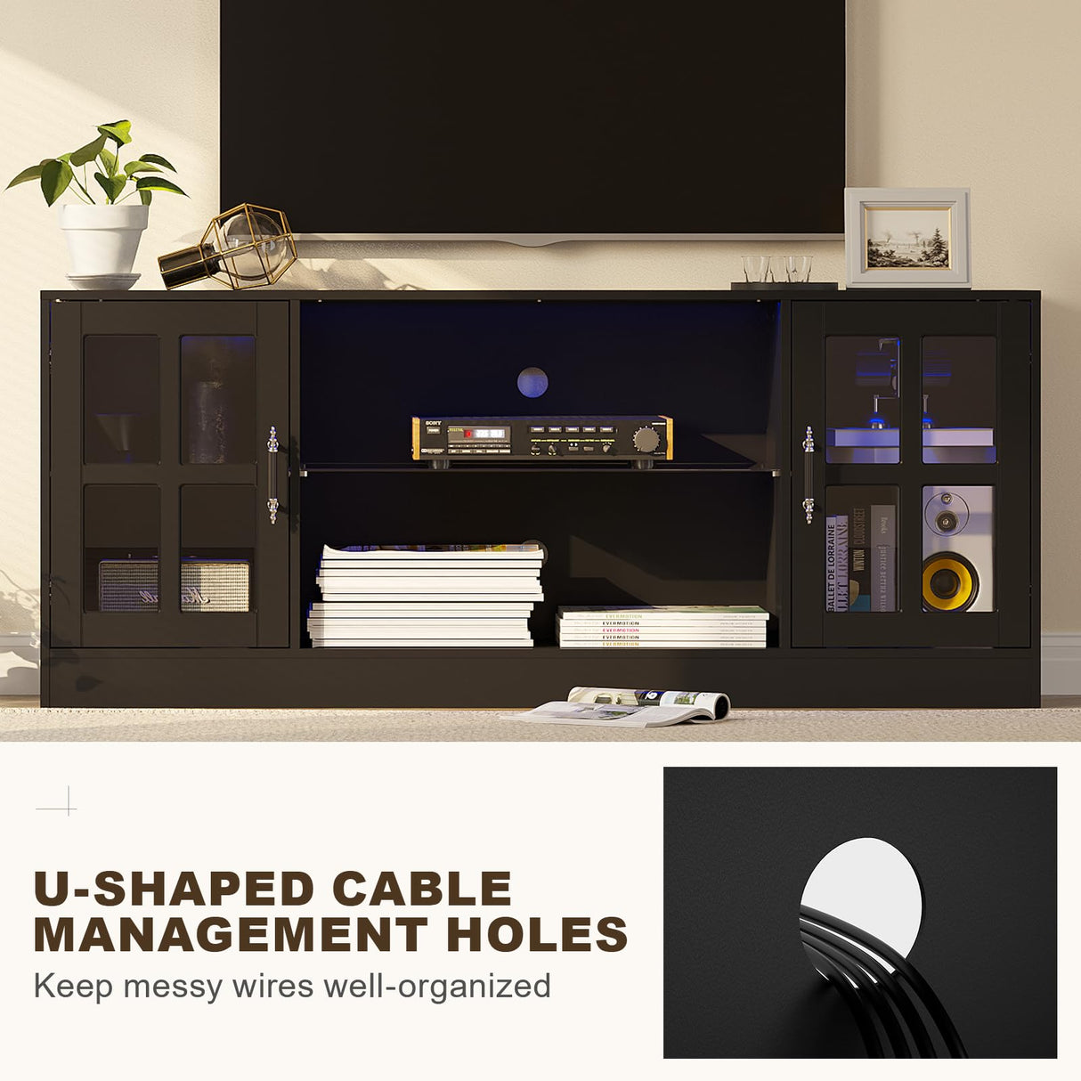 MEISSALIVVE 4-Piece Wall Unit TV Stand with Storage & LED Lights for TVs up to 75", Modern Entertainment Center with Bookshelves & 4-Door Pantry Cabinet, Black MEISSALIVVE