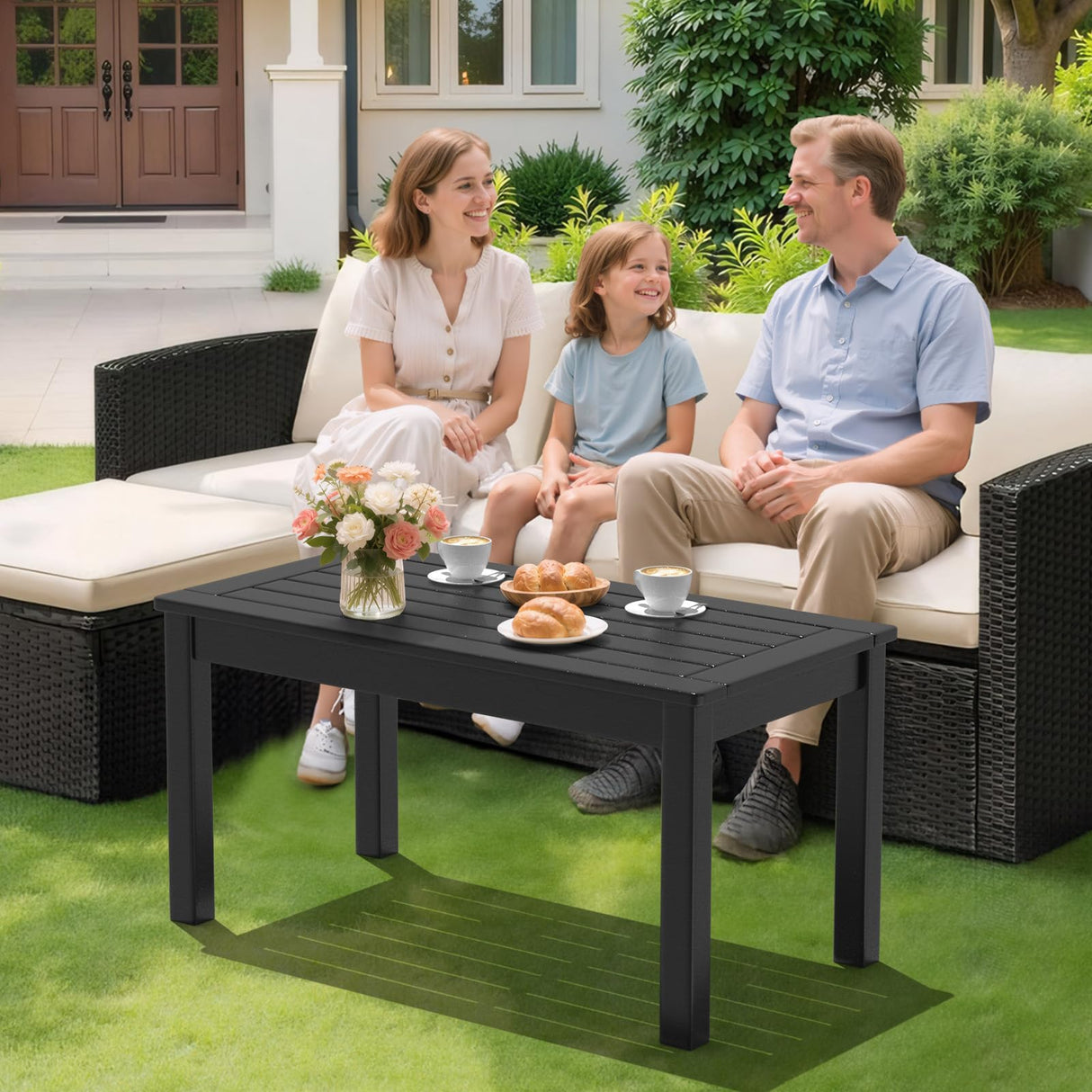 VINGLI Outdoor Coffee Table, HDPE Patio Coffee Table for Outside, All-Weather Rectangle Coffee Table for Deck, Garden, Balcony, Porch, Indoor & Outdoor Use (Black) VINGLI