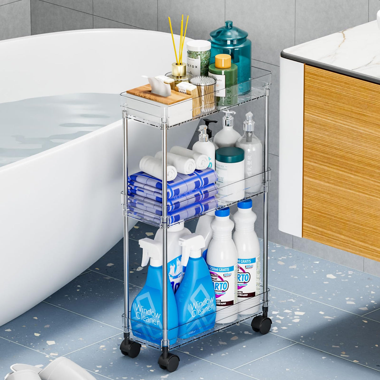 Yieach Slim Rolling Cart with Wheels for Small Spaces,3 Tier Skinny Utility Bathroom Storage Cabinet & Laundry Room Organization,5.1″W Narrow Shelf Unit for Small Spaces,Toilet Side,Office,Kitchen Yieach