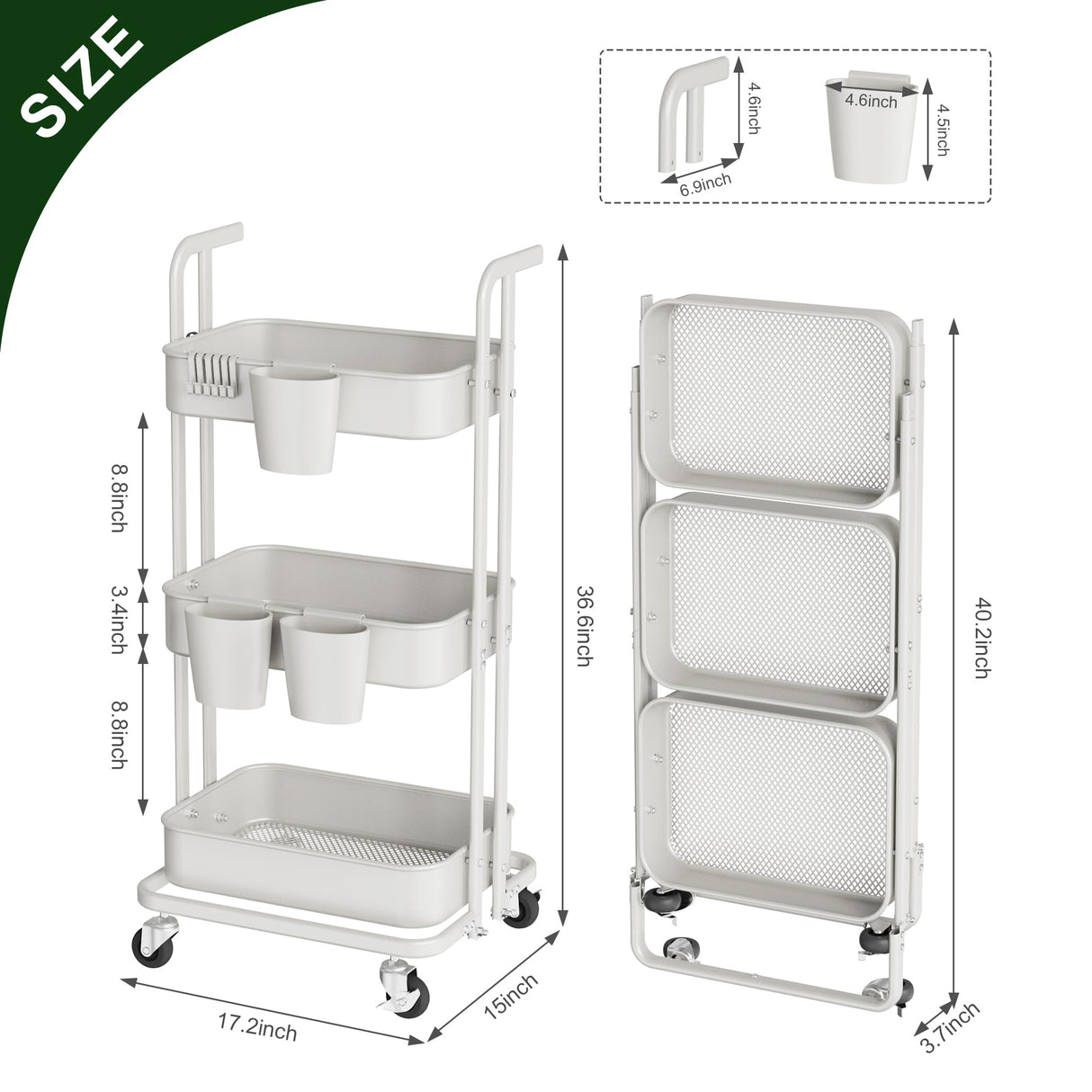 DTK 3 Tier Foldable Rolling Cart, Metal Utility Cart with Lockable Wheels, Folding Storage Trolley, 3 Small Baskets and 6 Hooks for Living Room, Kitchen, Bathroom, Bedroom and Office, White DTK