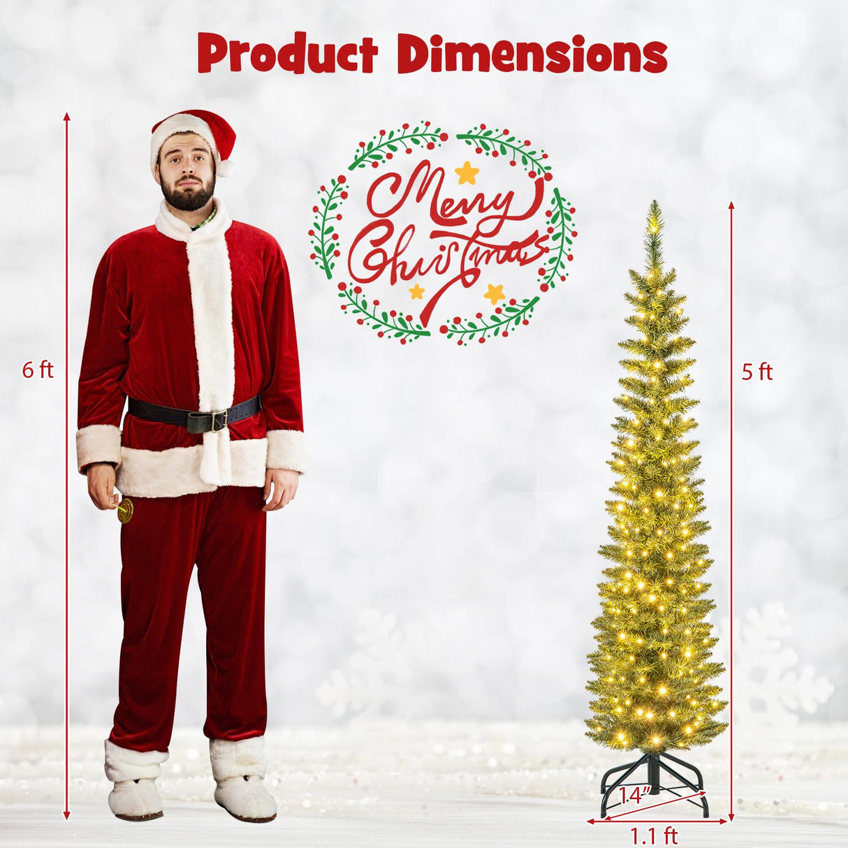 Goplus 5ft Pre-Lit Pencil Christmas Tree, Skinny Xmas Tree with 150 Warm-White LED Lights, 296 Branch Tips, Foldable Metal Stand, Artificial Slim Christmas Tree for Home Office Decoration Goplus