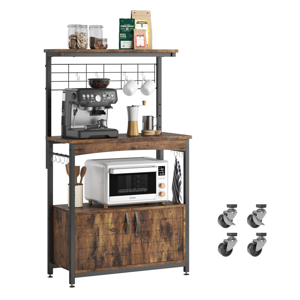 Bestier Bakers Racks with Storage Cabinet, Height-Adjustable 45" to 55" Microwave Stand for Kitchen with Wheels & Feet, Industrial Rolling Coffee Bar Shelf with 10 S-Hooks Rustic Brown Bestier