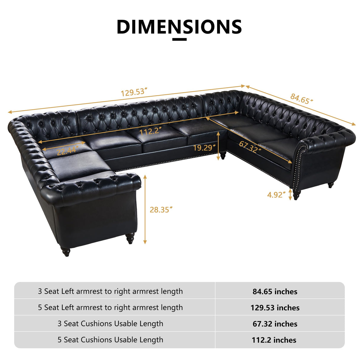 U Shaped Large Sectional Sofa, Chesterfield Leather Faux Couch Tufted Accent Sofa with Scroll Arms and Nailhead for Living Room, Office ORRD