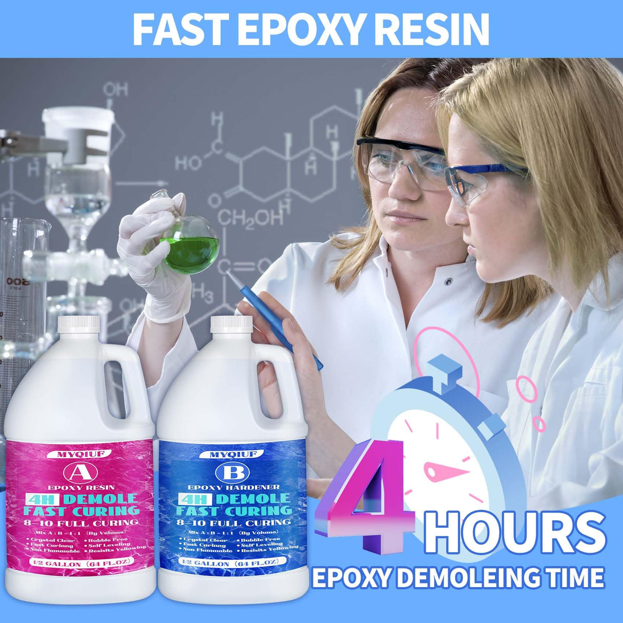 Epoxy Resin - Fast Cure Epoxy Resin, 1 Gallon 4 Hours Demold 8-10 Hours Casting Resin Crystal Clear for DIY Molds Wood Jewelry Table Tops Bar Top Casting Coating Crafts Supplies Easy Mix 1:1 Ratio Myqiuf