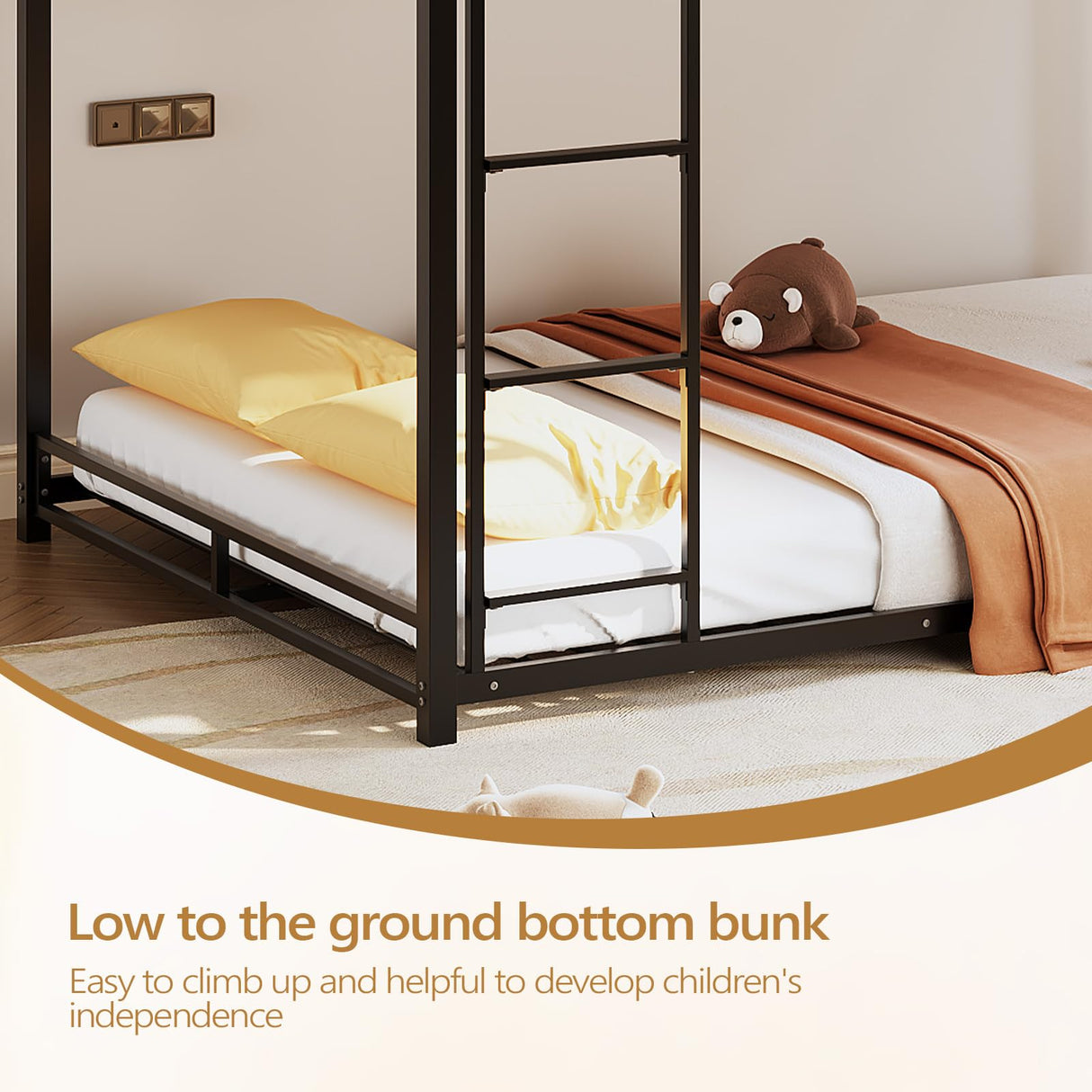 JOYMOR Metal Bunk Bed Full Over Full, Twin Size Bed Frame for Boys Girls, Junior, Low Profile Bunk, Space Saving Design, Mattress Not Included (Black) JOYMOR