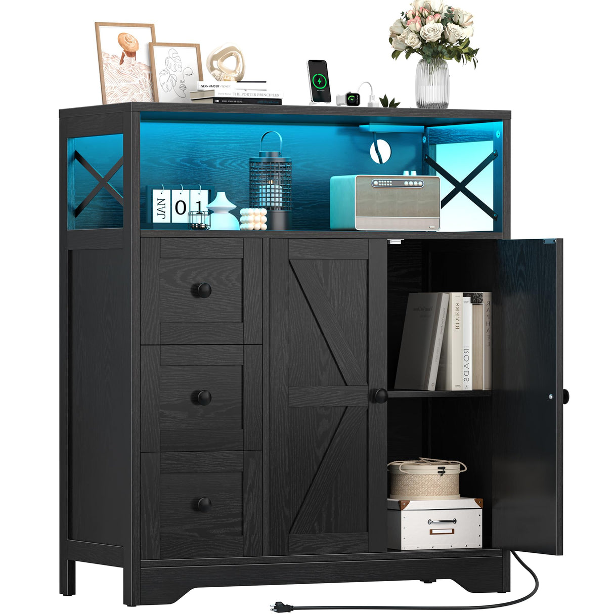 Yoobure Storage Cabinet with Doors and Shelves, LED Coffee Bar Cabinet with Power Outlet, Farmhouse Kitchen Buffet Cabinet with Drawers Accent Pantry Cabinet Sideboard for Living Room Entryway Yoobure