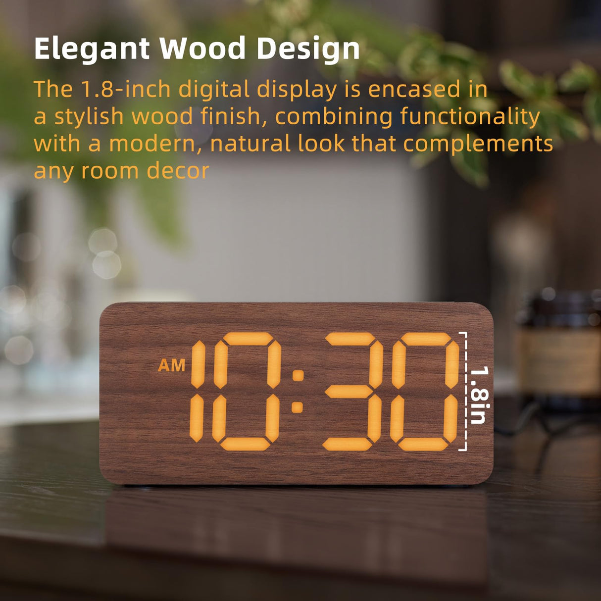 uscce Wooden Digital Alarm Clocks for Bedrooms: Dimmable Dual Alarm Clock with Large Numbers for Bedside Desk - Brown uscce