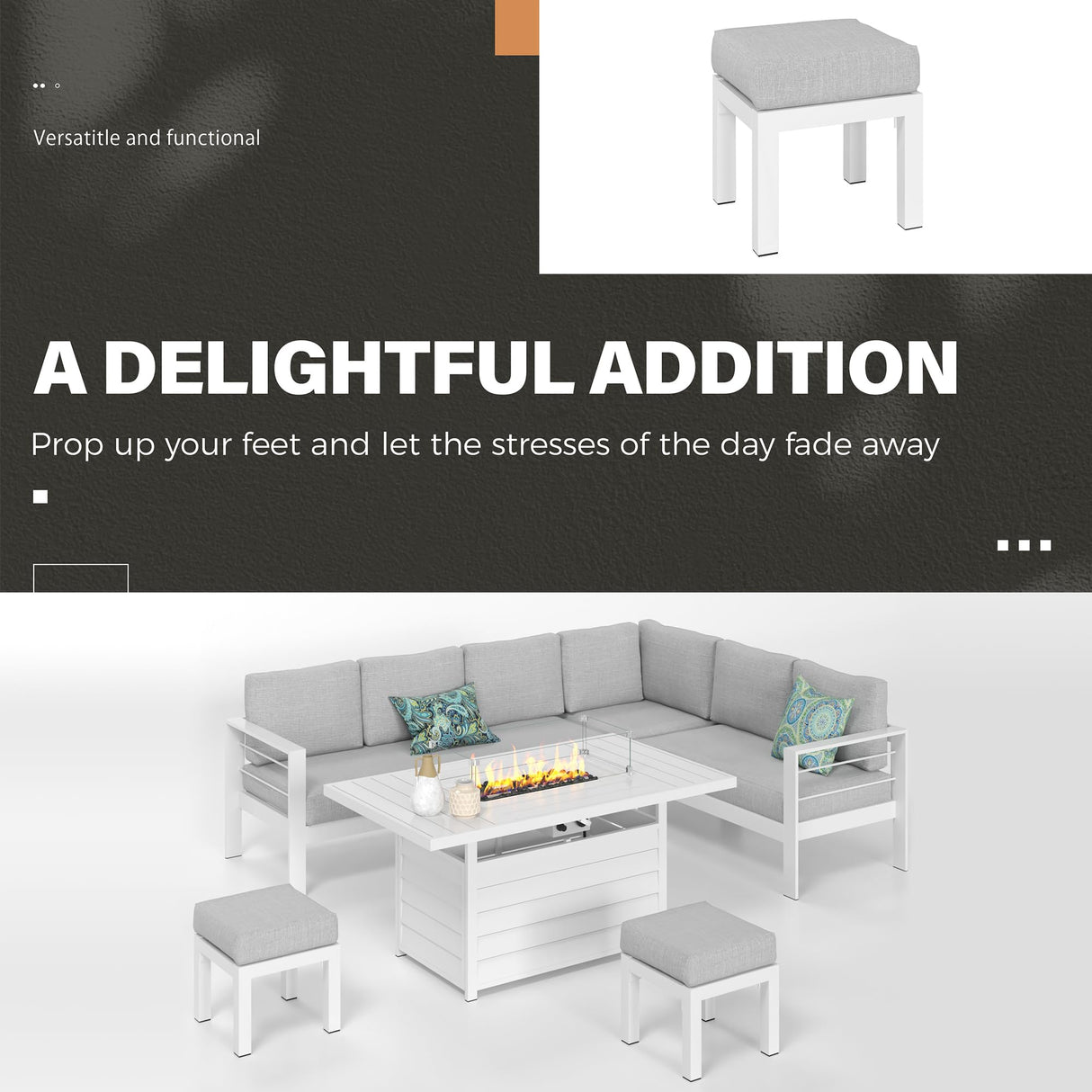 Solaste Aluminum Patio Furniture Set with Fire Pit Table, 6 Piece Sectional Metal Outdoor Furniture with Ottoman, Modern Patio Conversation Set Water-Resistant Cushion for Balcony, Front Porch, White Solaste