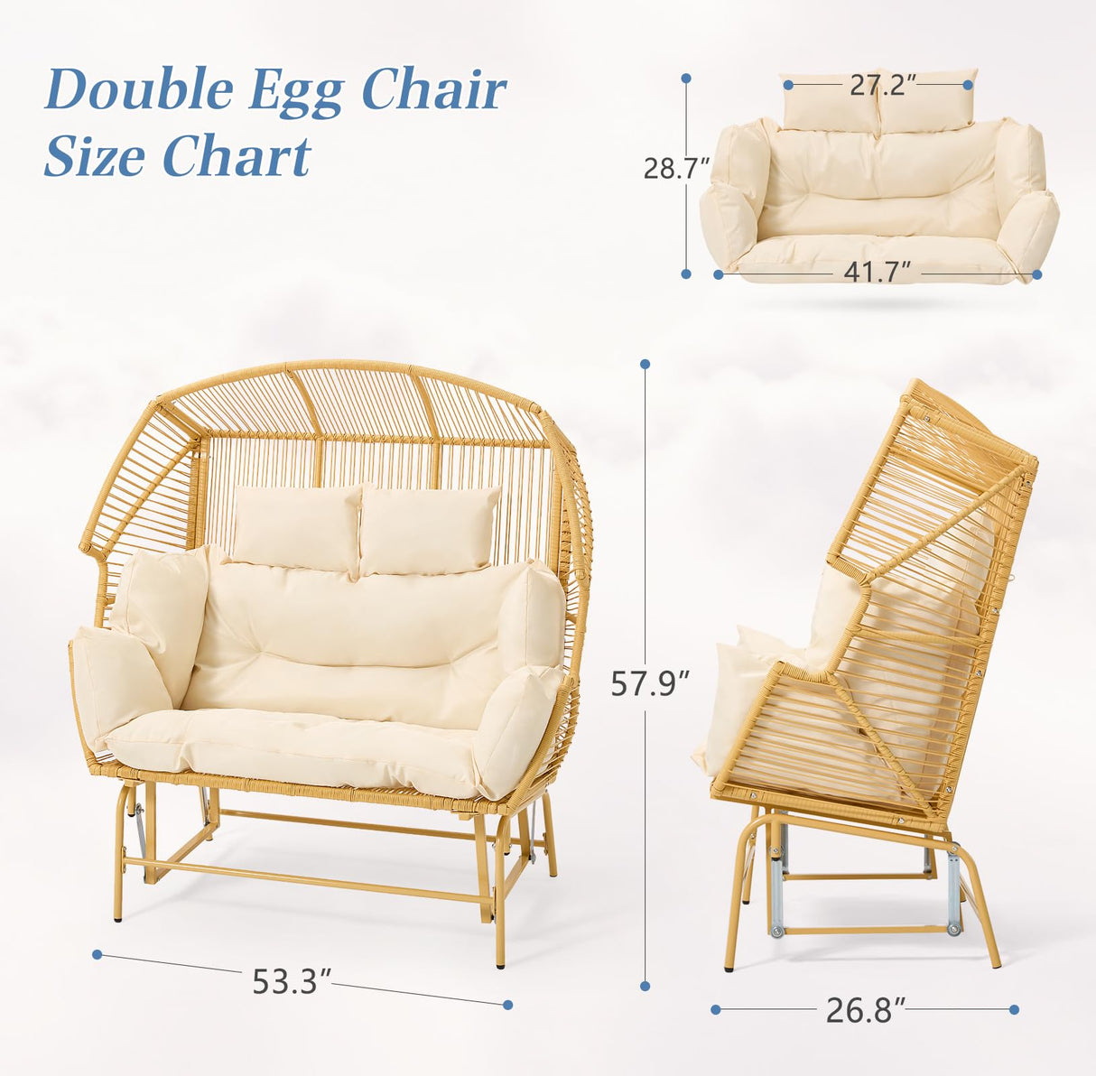 ECOTOUGE Patio Double Egg Chair, Indoor Outdoor Oversized Loveseat, 2 Person Extra Large Wicker Lounge Rocking Glider Chairs w/Thicken Padded Cushions and Pillow for Garden Balcony Sunroom, Yellow ECOTOUGE
