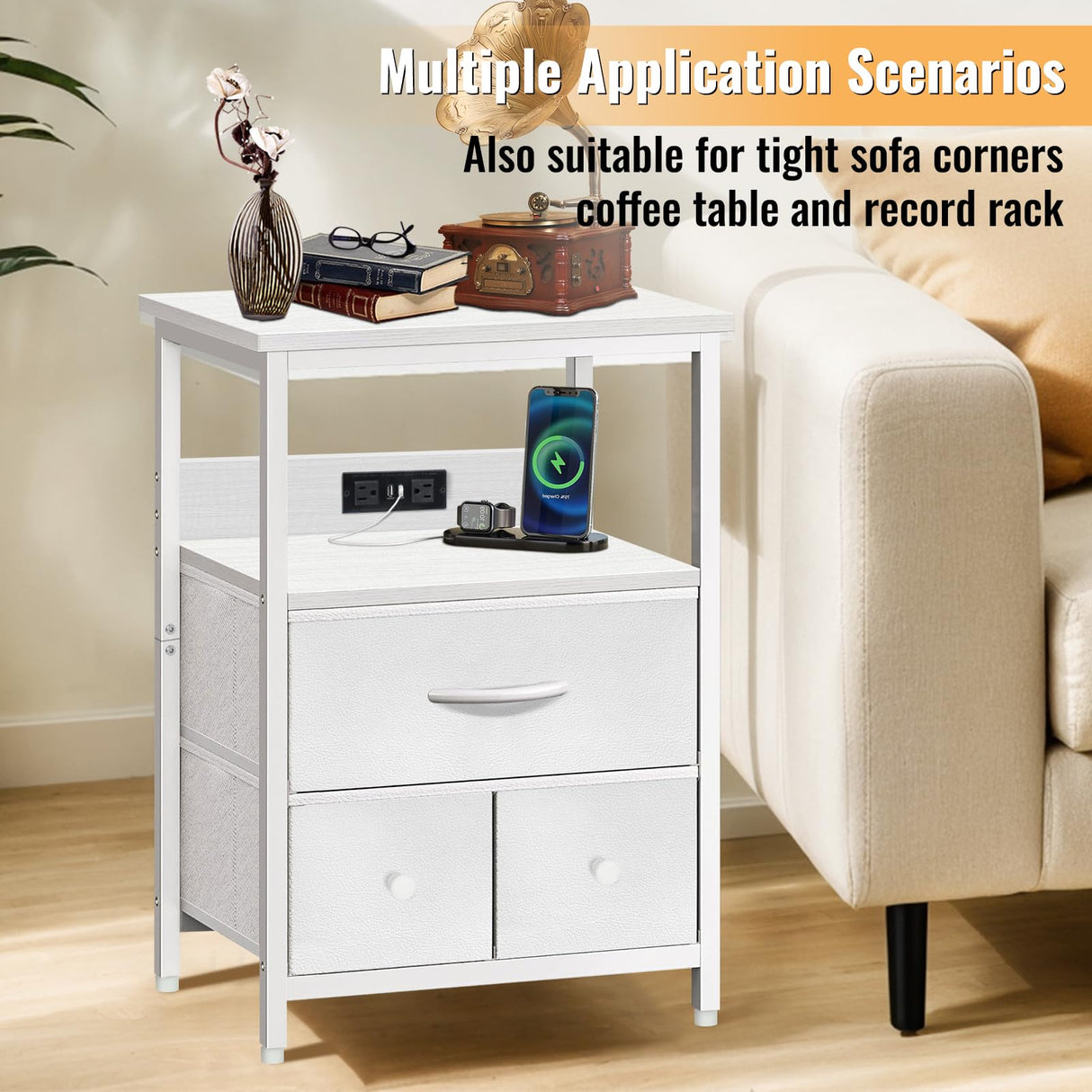 BEHEY Night Stand, Bedside Table, Adjustable Leveling Dorm Nightstand with 3 Drawers Storage, End Table with Corner Protectors, Nightstand with Charging Station, 3-Tiers,White, 15.75 Inch BEHEY