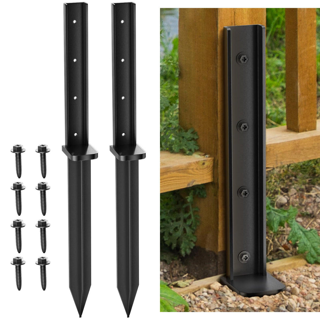 One-Piece Thicker Fence Post Repair Anchor Kit, Heavy Duty Steel Fence Post Anchor Ground Spike for Repairing Tilted Broken Wooden Fence Post (2 Pack/Black) Nessxa