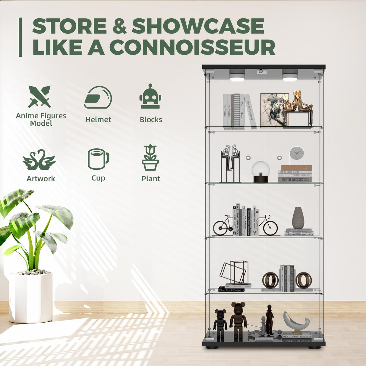 HAMBING Glass Display Cabinet with LED Lights and Lock, 5-Shelf Tempered Glass Curio Cabinet with 2 Doors, Collectible Display Showcase for Living Room, Bedroom – Black HAMBING