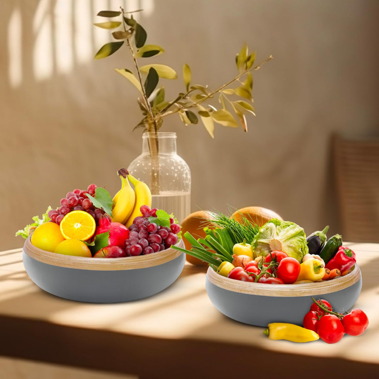 TPIA 11.81" Spun Bamboo Fruit Bowl, Bamboo fruit basket, fruit bowl for kitchen counter, Decorative Bowl,Fruit bowl,Wooden bowl,Decorative bamboo bowl,Bamboo salad bowl (Grey, Pack of 2) TPIA