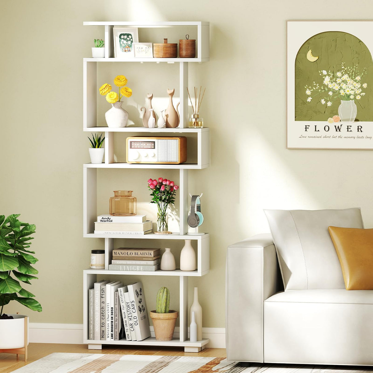 Giantex 6-Tier Geometric Bookcase, 64" Tall S-Shaped Bookshelf with Anti-Tipping Kit, Wood Freestanding Decorative Storage Display Shelves for Living Room, Bedroom & Home Office, White Giantex