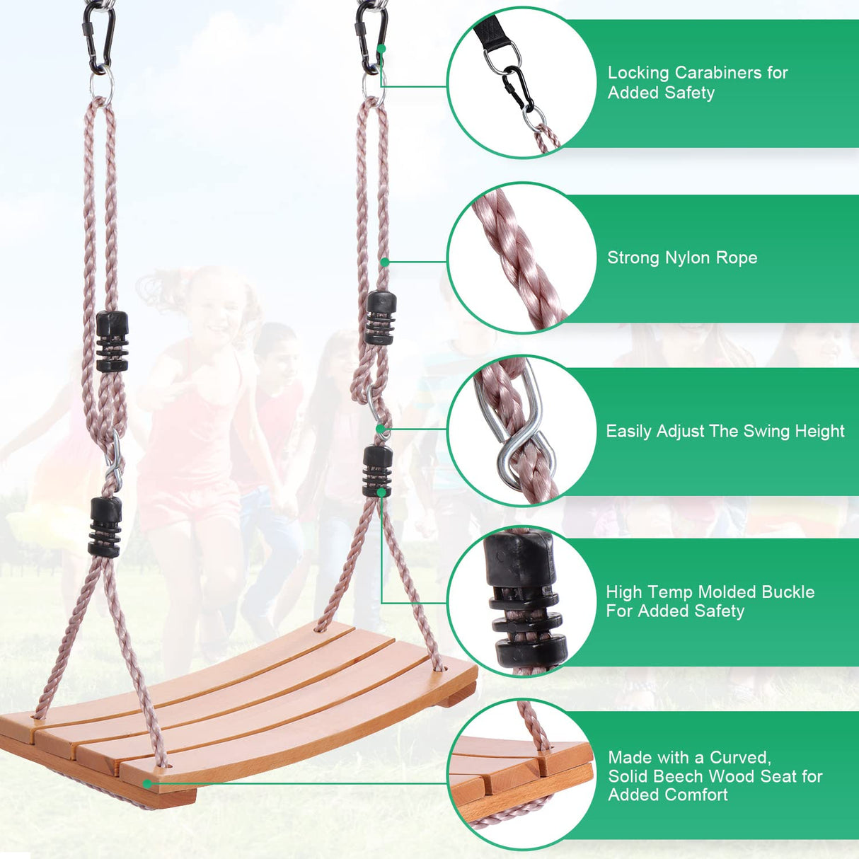 Wooden Tree Swing for Adults and Kids - Curved Wood Tree Swing Seat for Extra Comfort- includes Complete Tree Swing Hanging Kit- Indoor or Outdoor Rope Swing for Trees with Curved Wooden Swing Seat Roman Ventures