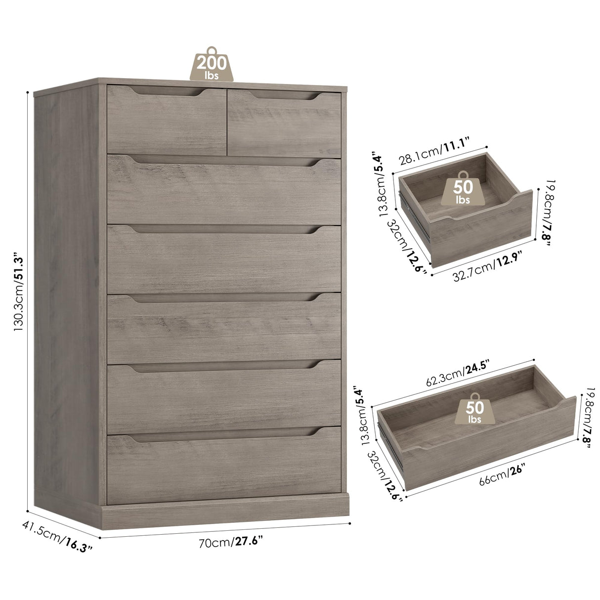 HITHOS 51" Tall 7 Drawers Dresser, Modern Grey Dresser, Wood Dressers & Chests of Drawers with Cut-Out Handles, Upright Drawer Chest, Accent Vertical Dressers Storage Cabinet for Living Room, Ash Gray HITHOS