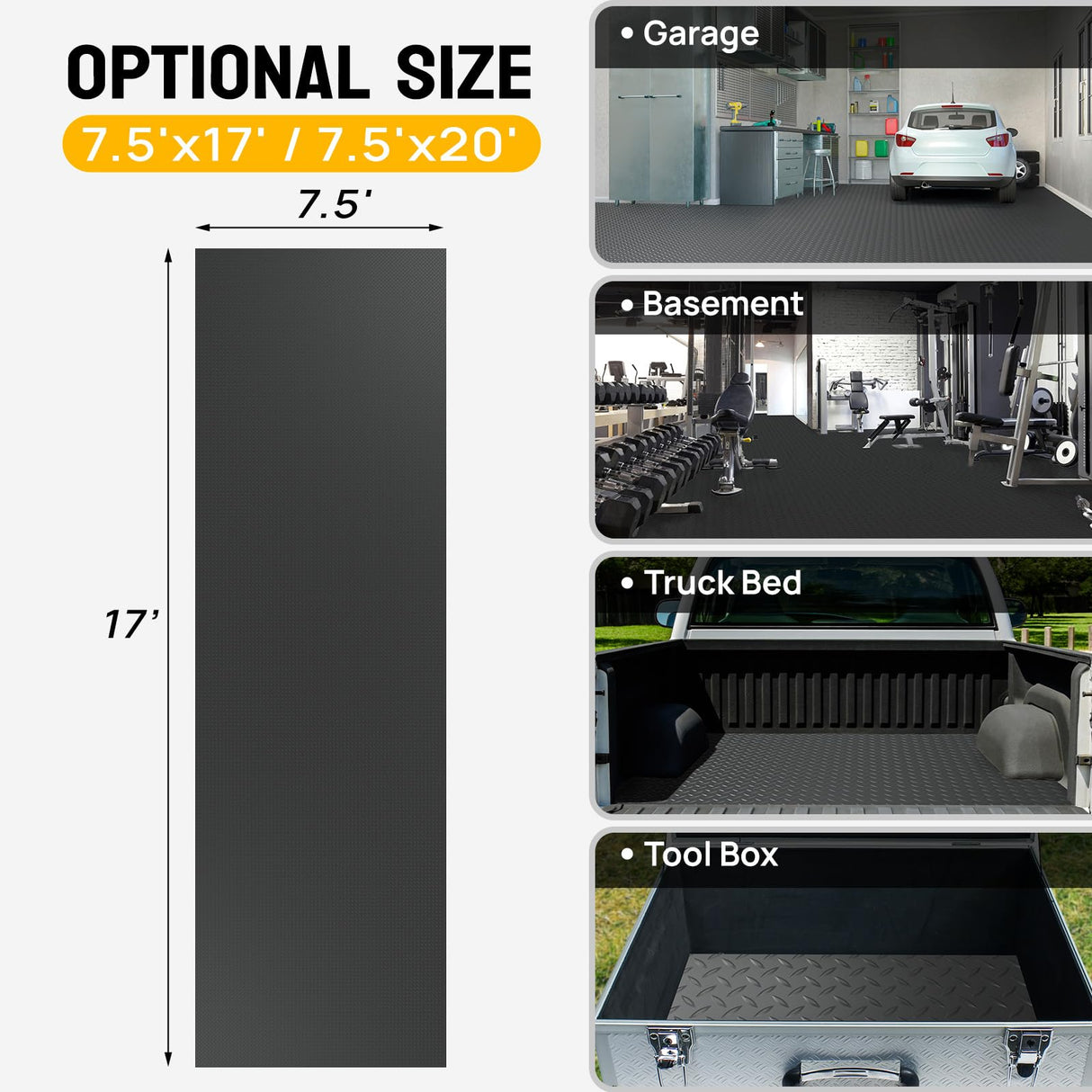 TUFFIOM 7.5 x 17 FT Garage Floor Mat, Thickened Diamond Plate PVC Garage Mats Flooring Roll for Under Car, Garage Car Parking Mats for Compact SUVS, Sports Car TUFFIOM