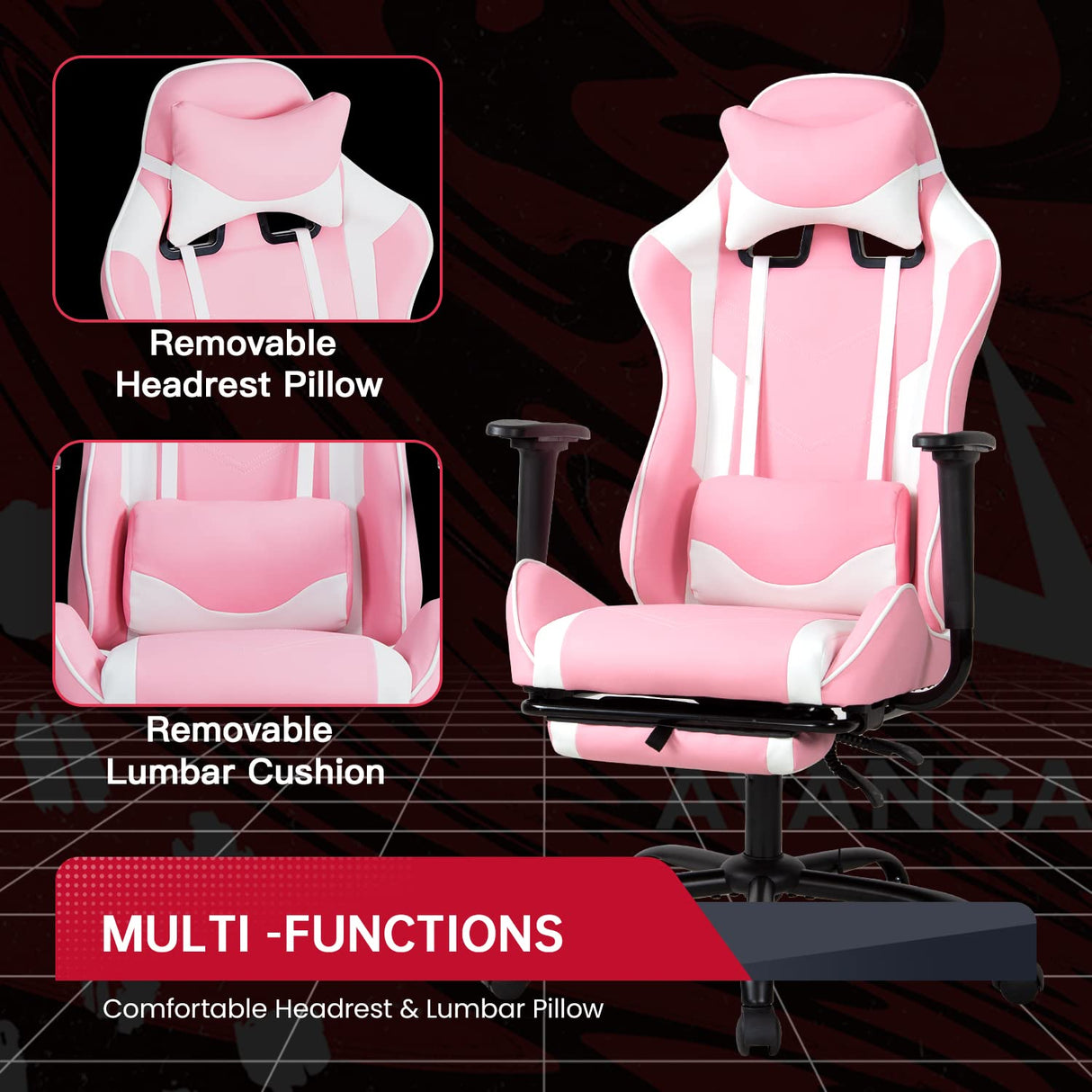 PC Gaming Chair Desk Chair Ergonomic Office Chair Executive High Back PU Leather Racing Computer Chair with Lumbar Support Footrest Modern Task Rolling Swivel Chair for Women Men Girls Adults, Pink BestOffice