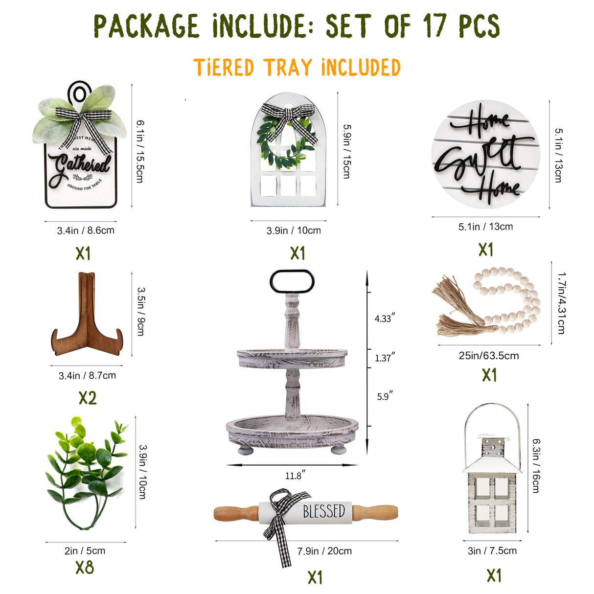 Houmury Set of 17 Farmhouse Tiered Tray with 1 Lantern Artificial Plant& Cutting Board Sign for Rustic Home Sweet Home Kitchen Decor Tier Tray Decor Set Houmury