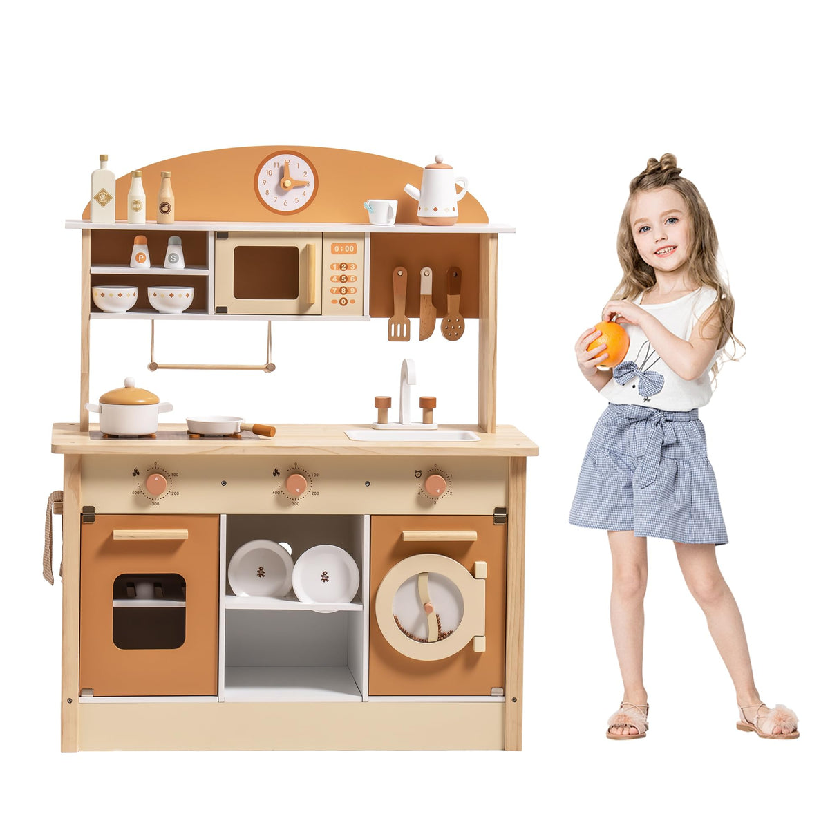 ROBOTIME Wooden Play Kitchen Set, Pretend Play Kitchen Wooden Toy Set for Kids w/Realistic Design, Kids & Toddlers Kitchen Playset with Dishwasher, Toy Kitchen Set for Boys and Girls Ages 3+ (Brown) ROBOTIME